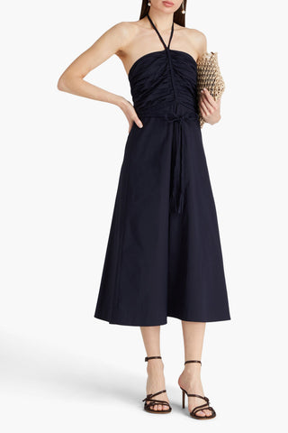 VERONICA BEARD TUCKER RUCHED STRETCH-COTTON POPLIN HALTERNECK MIDI DRESS - Size 12