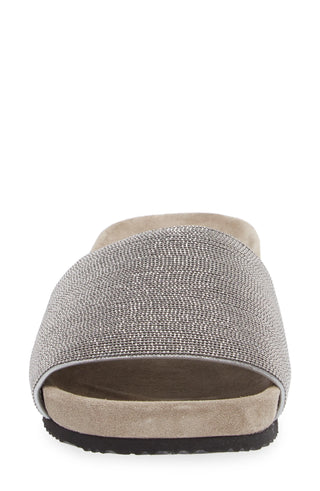 Brunello Cucinelli Monili-Embellished Suede Slippers in Grey