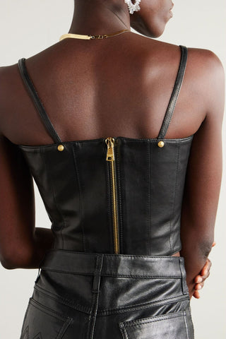 BALMAIN CROPPED EMBELLISHED LEATHER BUSTIER TOP - Size 40