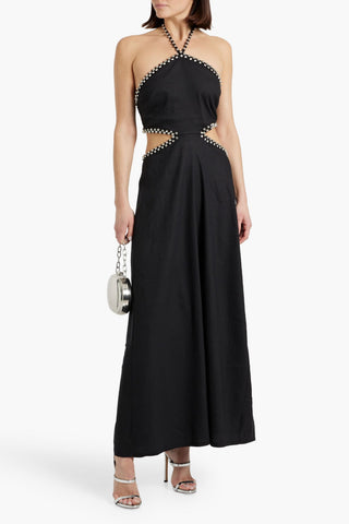 SIMKHAI BELLINA EMBELLISHED CUTOUT LINEN-BLEND HALTERNECK MAXI DRESS - Size L