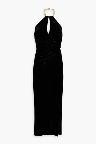 VERONICA BEARD JOSETTE CHAIN-EMBELLISHED VELVET HALTERNECK MIDI DRESS - Size 8