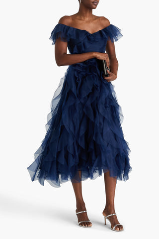 MARCHESA NOTTE OFF-THE-SHOULDER RUFFLED SILK-ORGANZA MIDI DRESS - Size 6