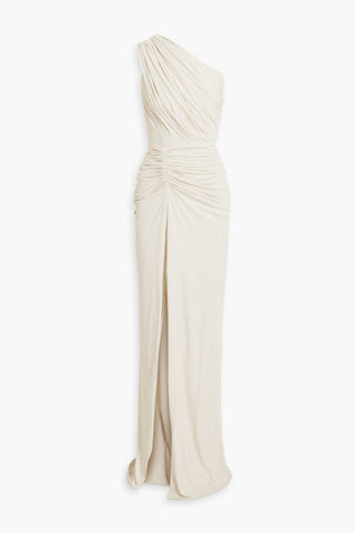 RHEA COSTA ONE-SHOULDER RUCHED GLITTERED JERSEY GOWN - Size 48