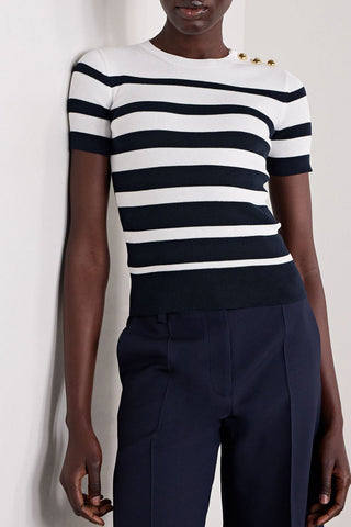 VALENTINO GARAVANI EMBELLISHED STRIPED RIBBED COTTON SWEATER - Size XS