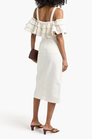CAROLINA HERRERA COLD-SHOULDER CROPPED RUFFLED BRODERIE ANGLAISE COTTON TOP - Size 0
