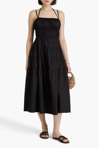SANDRO GATHERED STRETCH-COTTON POPLIN MIDI DRESS - Size 36