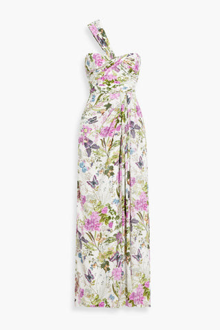 BADGLEY MISCHKA ONE-SHOULDER FLORAL-PRINT CREPE MAXI DRESS - Size 6