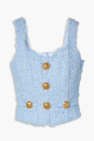 BALMAIN BUTTON-EMBELLISHED BOUCL-TWEED TOP - Size 40