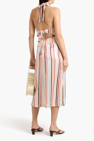 LEMLEM AJANI STRIPED CHARMEUSE HALTERNECK MIDI DRESS - Size S