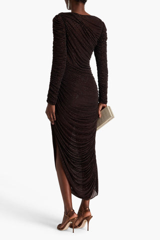 SIMKHAI SANDERS CRYSTAL-EMBELLISHED RUCHED JERSEY MAXI DRESS - Size XS