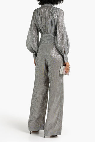 OSCAR DE LA RENTA GATHERED METALLIC SILK-BLEND JUMPSUIT - Size 8