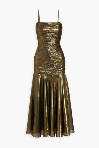 RIXO CLAUDETTE RUCHED METALLIC LAM MAXI DRESS - Size 18