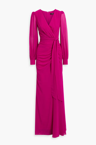 BADGLEY MISCHKA WRAP-EFFECT DRAPED CHIFFON GOWN - Size 8