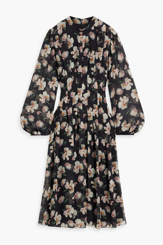 MIKAEL AGHAL PLEATED FLORAL-PRINT CHIFFON MIDI DRESS - Size 4