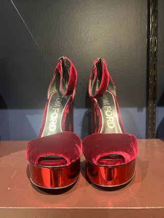 Tom Ford Red Velvet Open-Toe Platform Ankle-Strap Heels