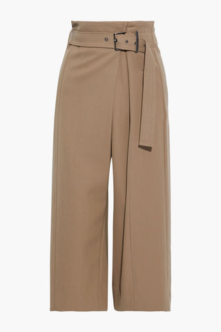 BRUNELLO CUCINELLI CROPPED BELTED BEAD-EMBELLISHED WOOL WIDE-LEG PANTS - Size 44