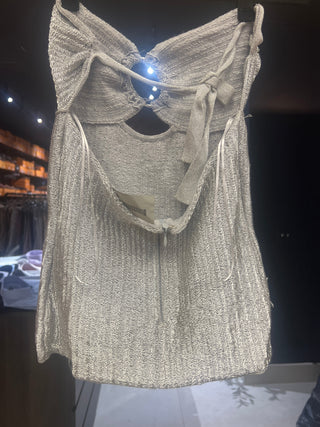 Tom Ford Textured Knit Twist-Front Cutout Silver Bandeau Top