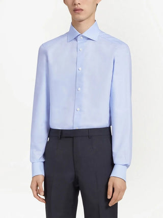 Zegna Cotton Point-Collar Blue Dress Shirt