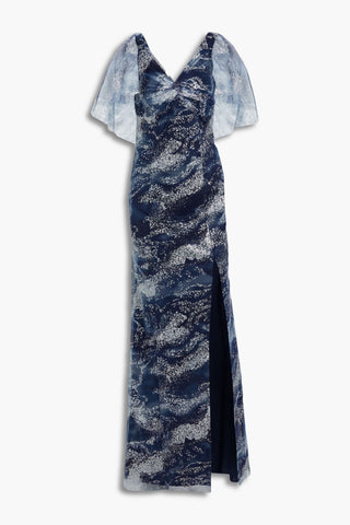 MARCHESA NOTTE TWIST-FRONT GLITTERED PRINTED TULLE GOWN - Size 10