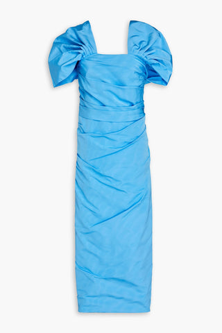 OSCAR DE LA RENTA ONE-SHOULDER DRAPED COTTON-BLEND FAILLE MIDI DRESS - Size 6
