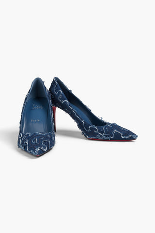 CHRISTIAN LOUBOUTIN KATE 85 EMBROIDERED DISTRESSED DENIM PUMPS - Size 41