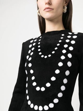 Alaia Fuzzy Knit Mock Neck Sweater Pearl Necklace Print