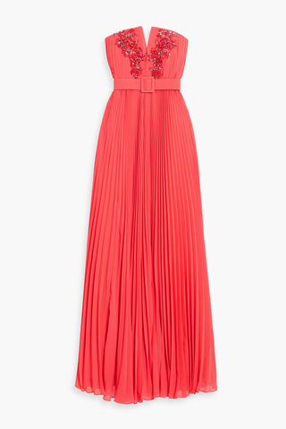 BADGLEY MISCHKA STRAPLESS EMBELLISHED PLEATED CHIFFON GOWN - Size 4