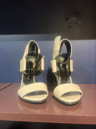 Tom Ford Cream Leather High-Heel Sandals with Metallic Buckle