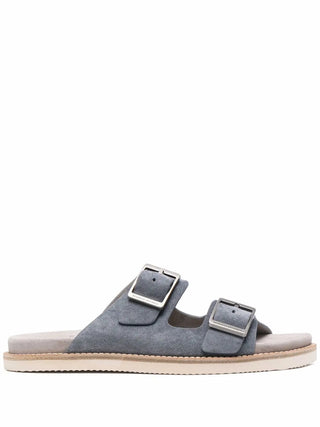 Brunello Cucinelli Suede Double-Strap Slide Sandals Blue Grey