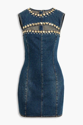 AREA EMBELLISHED CUTOUT DENIM MINI DRESS - Size 2