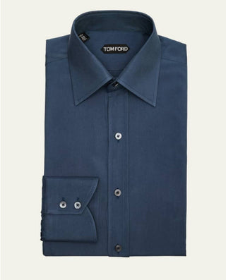 Tom Ford Silk Dark Blue Point-Collar Dress Shirt