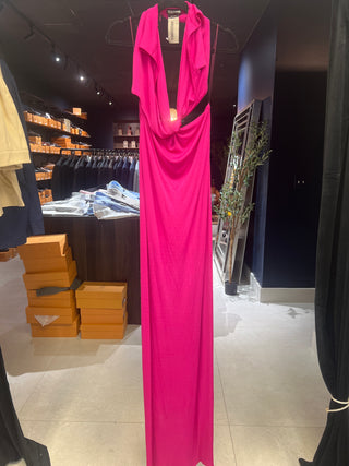 Tom Ford Tom Ford Draped Plunging Neck Hot Pink Gown with Waist Detail