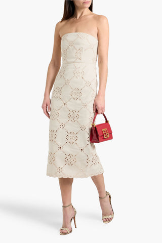 VERONICA BEARD NETTIA STRAPLESS BRODERIE ANGLAISE COTTON-BLEND MIDI DRESS - Size 16