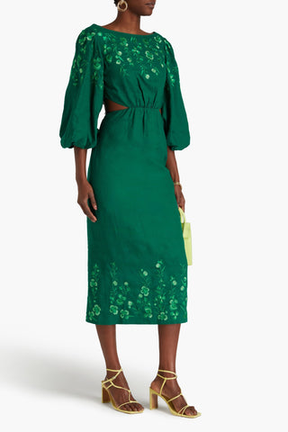 SALONI NEELA CUTOUT EMBROIDERED LINEN MIDI DRESS - Size 8