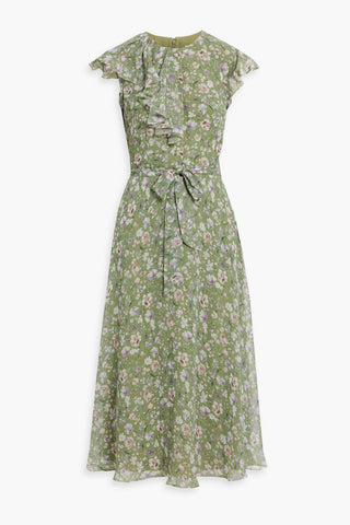 MIKAEL AGHAL RUFFLED FLORAL-PRINT CHIFFON MIDI DRESS - Size 12