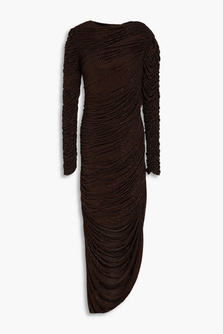 SIMKHAI SANDERS CRYSTAL-EMBELLISHED RUCHED JERSEY MAXI DRESS - Size XS