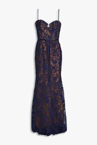 MARCHESA NOTTE SATIN-TRIMMED GUIPURE LACE AND TULLE GOWN - Size 12