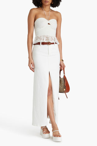 ALICE + OLIVIA LIVIA BRODERIE ANGLAISE COTTON PEPLUM HALTERNECK TOP - Size 14