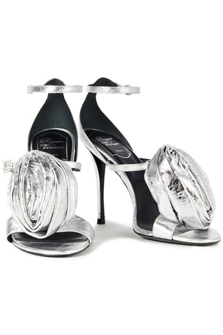 ROGER VIVIER ROSE 'N ROLL APPLIQUD METALLIC CRINKLED-LEATHER SANDALS - Size 36.5