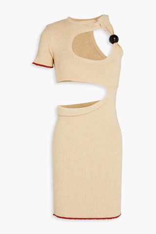 JACQUEMUS BRILHO CUTOUT METALLIC RIBBED-KNIT MINI DRESS - Size 40