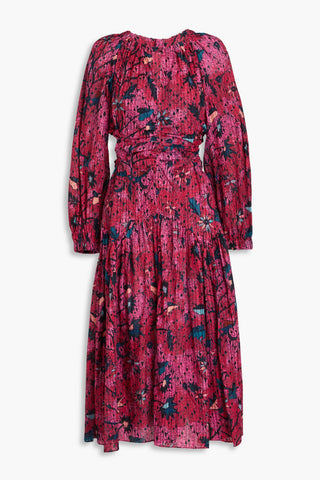 ULLA JOHNSON HELIA RUCHED PRINTED COTTON-BLEND MIDI DRESS - Size 0