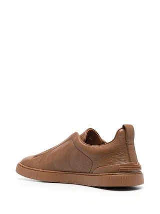 Zegna Grained Leather Slip-On Sneakers Cognac