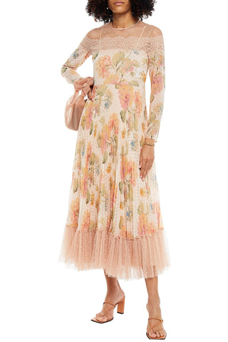 VALENTINO PLEATED FLORAL-PRINT GEORGETTE, LACE AND POINT D'ESPRIT MIDI DRESS - Size 44