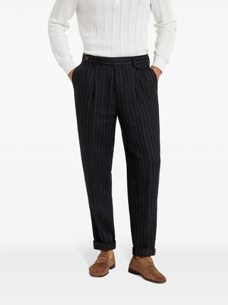 Brunello Cucinelli Pinstripe Pleated Wool Trousers with Side Adjusters