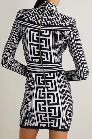 BALMAIN JACQUARD-KNIT WOOL-BLEND MINI DRESS - Size 40