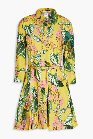 OSCAR DE LA RENTA PLEATED FLORAL-PRINT STRETCH COTTON-POPLIN MINI SHIRT DRESS - Size 4