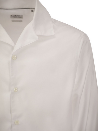 Brunello Cucinelli Cotton Easy Fit Camp-Collar White Shirt