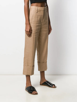 Brunello Cucinelli Linen-Blend Cuffed Cropped Wide-Leg Trousers Beige