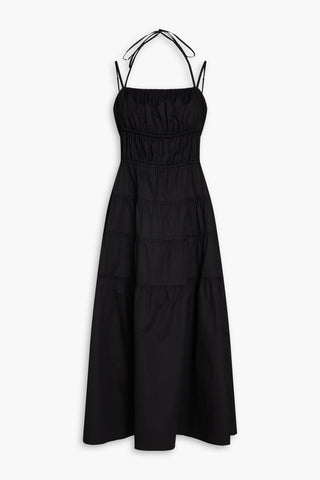 SANDRO GATHERED STRETCH-COTTON POPLIN MIDI DRESS - Size 36
