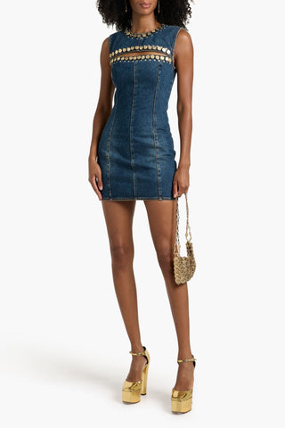 AREA EMBELLISHED CUTOUT DENIM MINI DRESS - Size 2